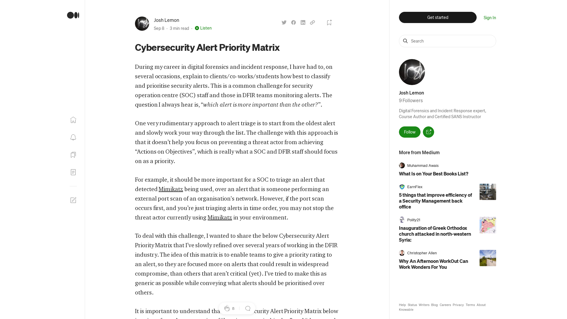 Cybersecurity Alert Priority Matrix | by Josh Lemon | Medium