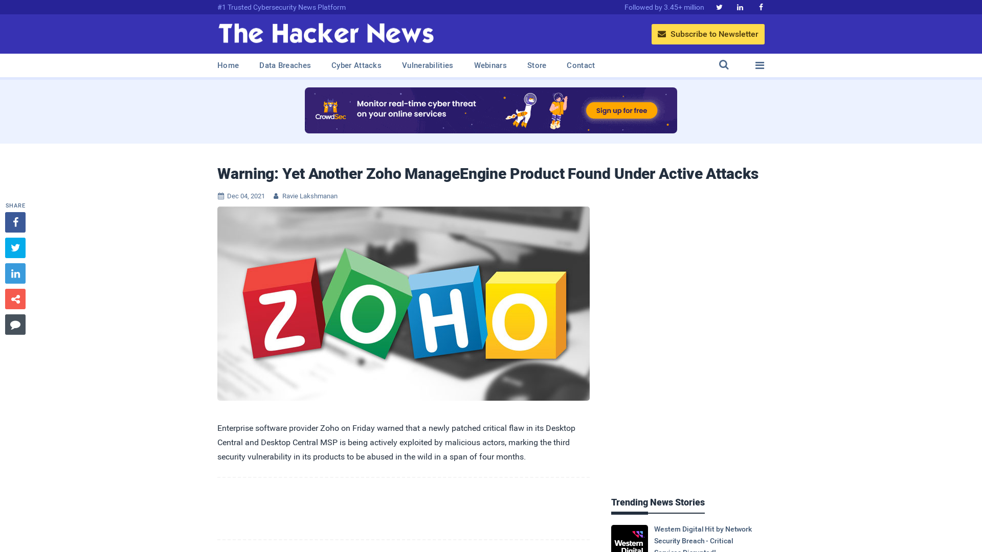 Warning: Yet Another Zoho ManageEngine Product Found Under Active Attacks