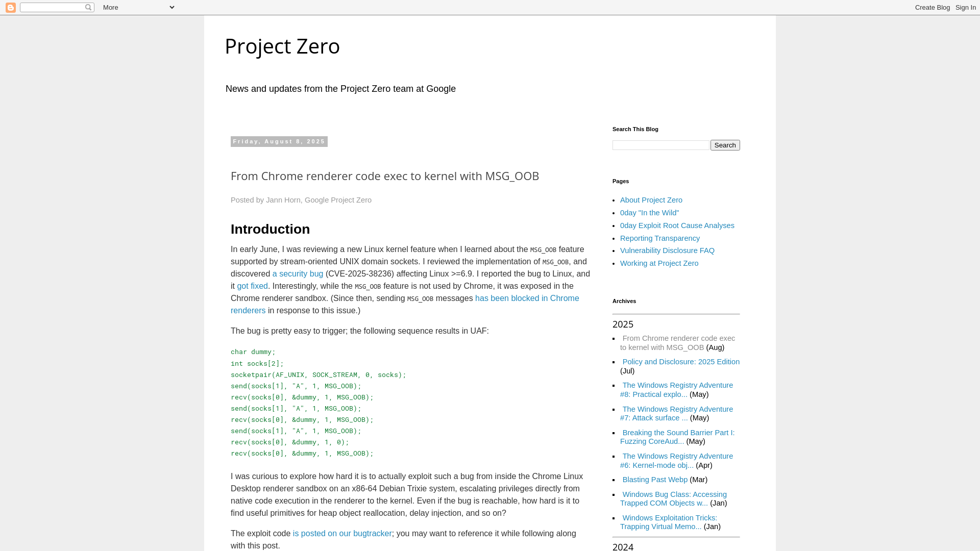 Project Zero: From Chrome renderer code exec to kernel with MSG_OOB