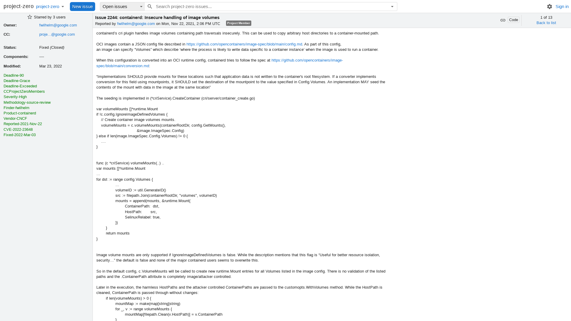 2244 - containerd: Insecure handling of image volumes - project-zero