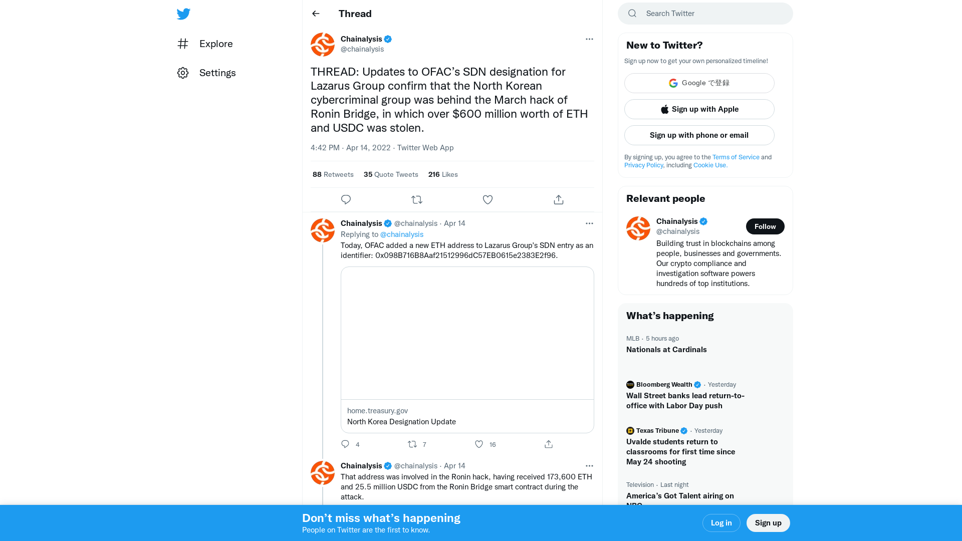 Chainalysis on Twitter: "THREAD: Updates to OFAC’s SDN designation for Lazarus Group confirm that the North Korean cybercriminal group was behind the March hack of Ronin Bridge, in which over $600 million worth of ETH and USDC was stolen." / Twitter