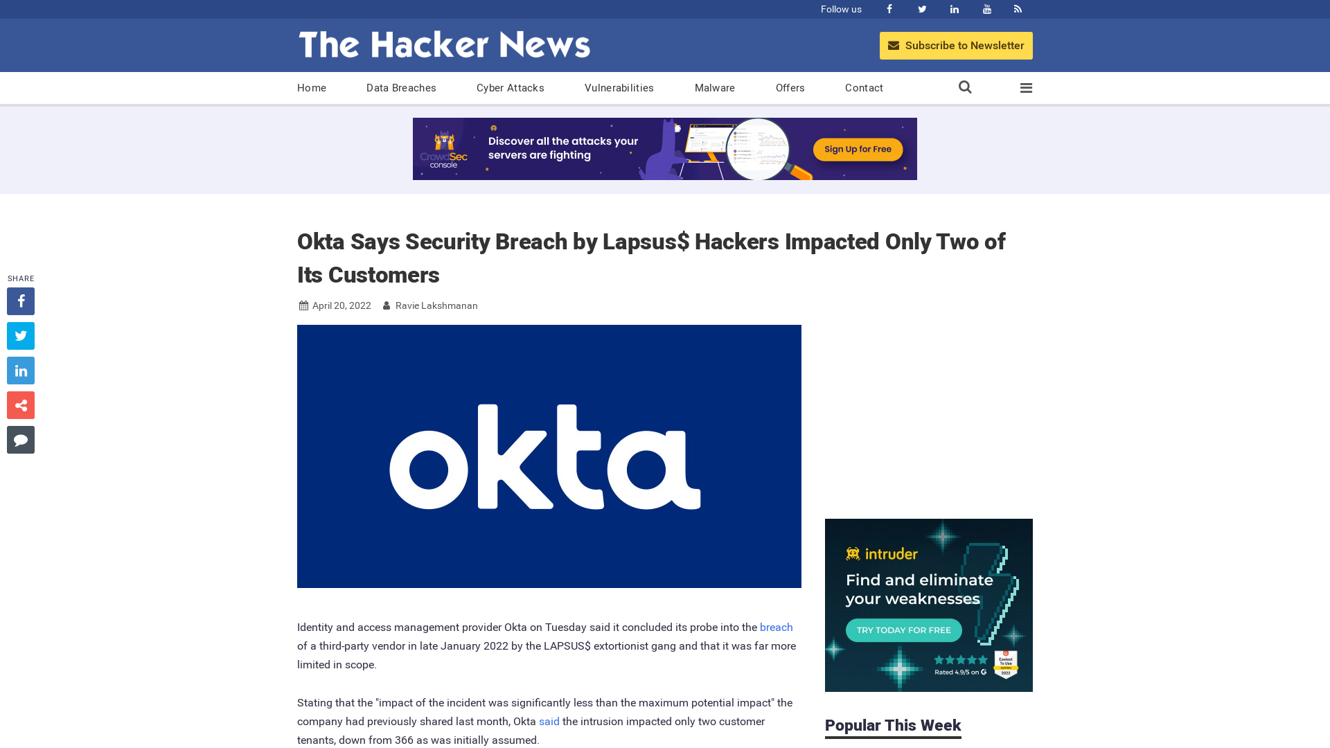 Okta Says Security Breach by Lapsus$ Hackers Impacted Only Two of Its Customers