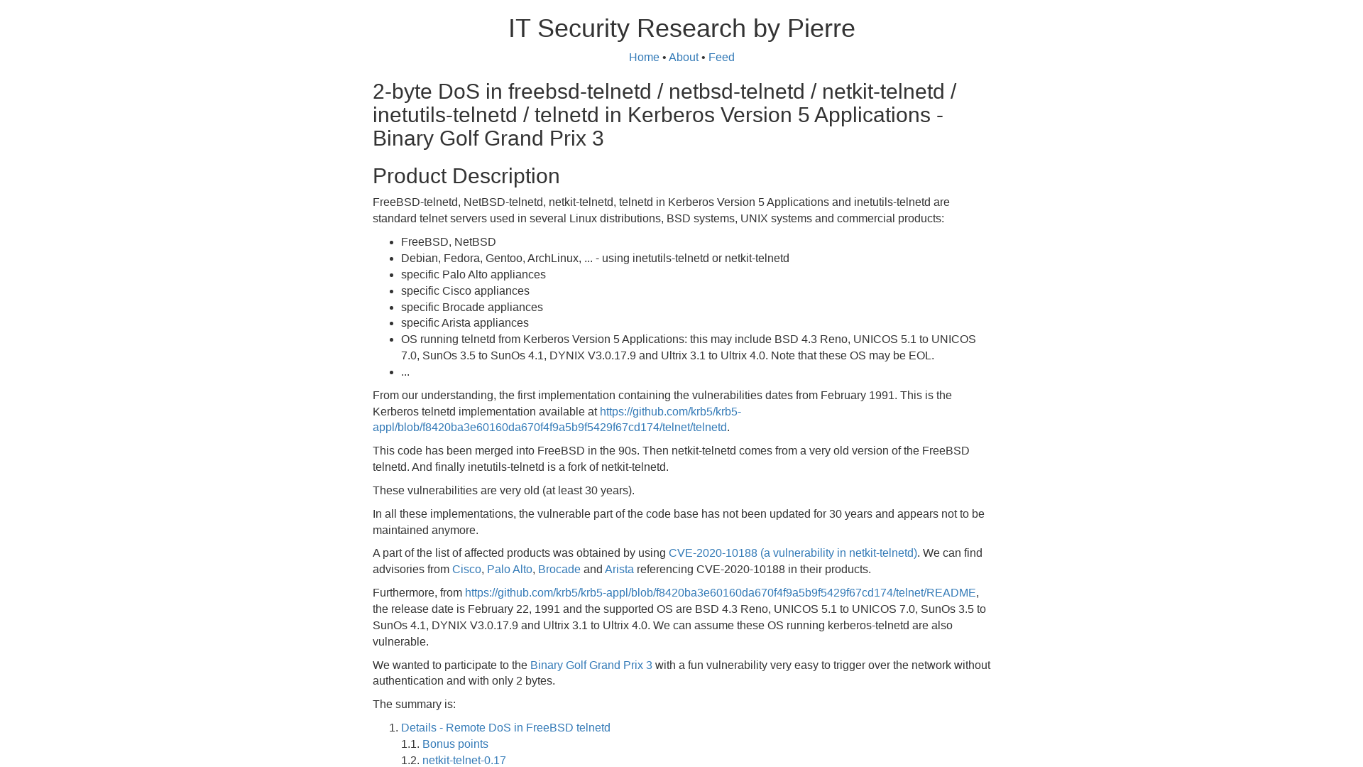 2-byte DoS in freebsd-telnetd / netbsd-telnetd / netkit-telnetd / inetutils-telnetd / telnetd in Kerberos Version 5 Applications - Binary Golf Grand Prix 3 - IT Security Research by Pierre