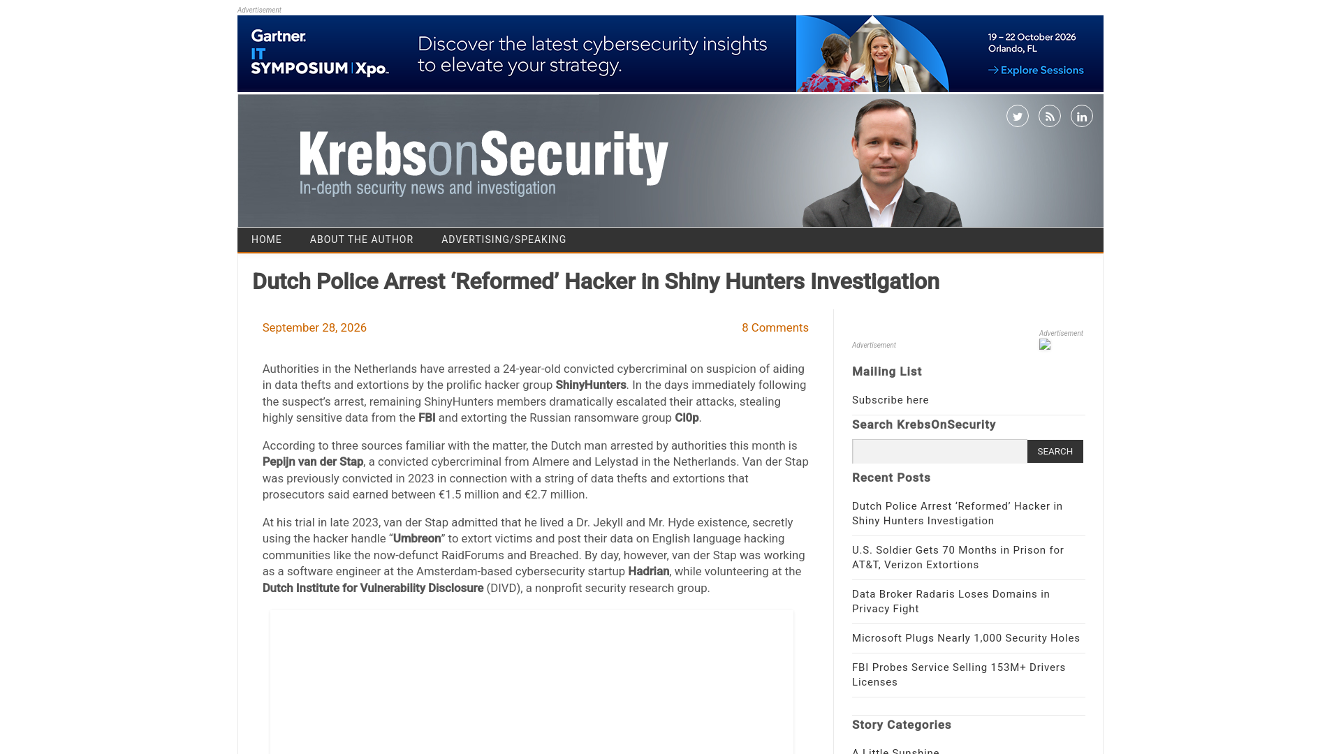 Dutch Police Arrest ‘Reformed’ Hacker in Shiny Hunters Investigation – Krebs on Security