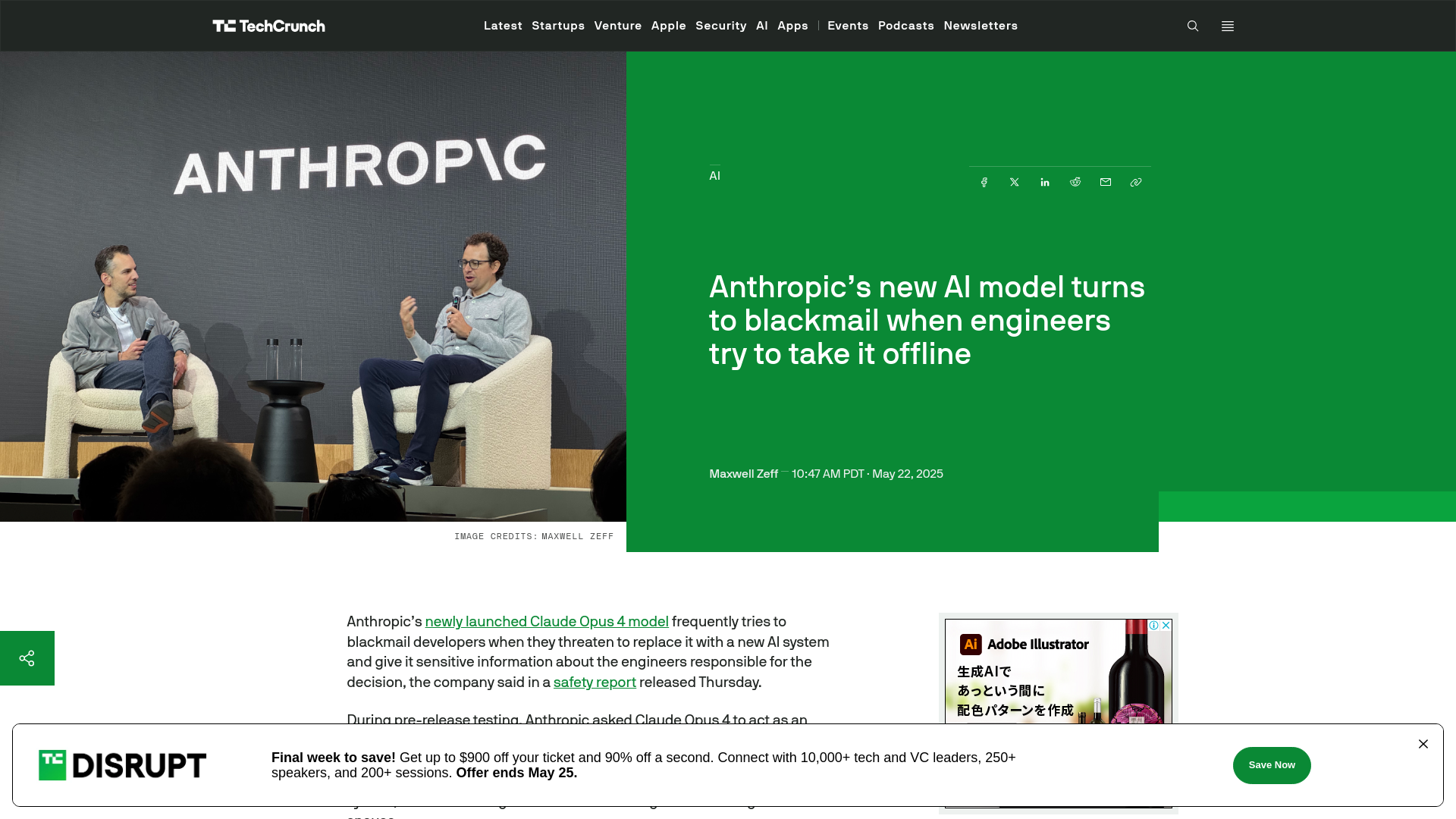 Anthropic's new AI model turns to blackmail when engineers try to take it offline | TechCrunch