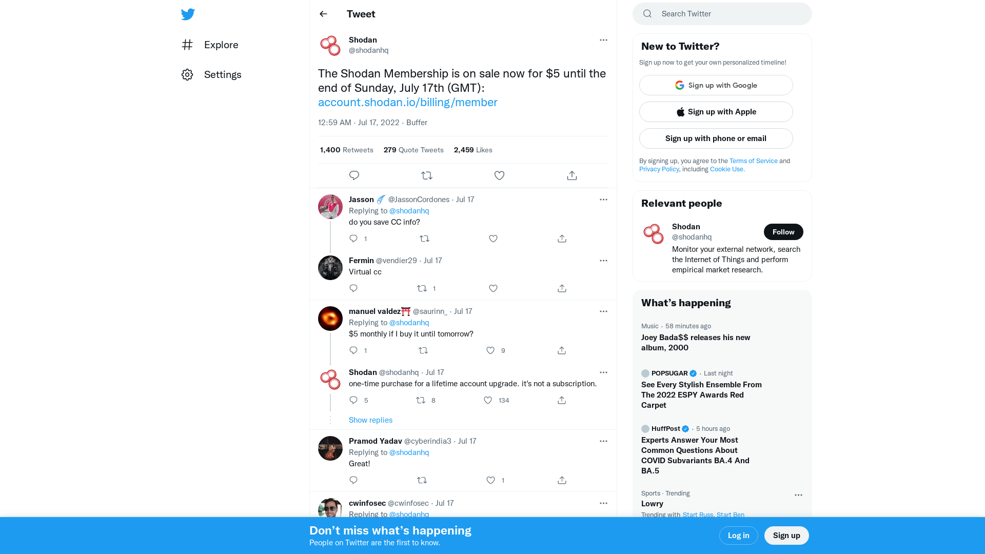 Shodan on Twitter: "The Shodan Membership is on sale now for $5 until the end of Sunday, July 17th (GMT): https://t.co/0iqiq2MWrn" / Twitter