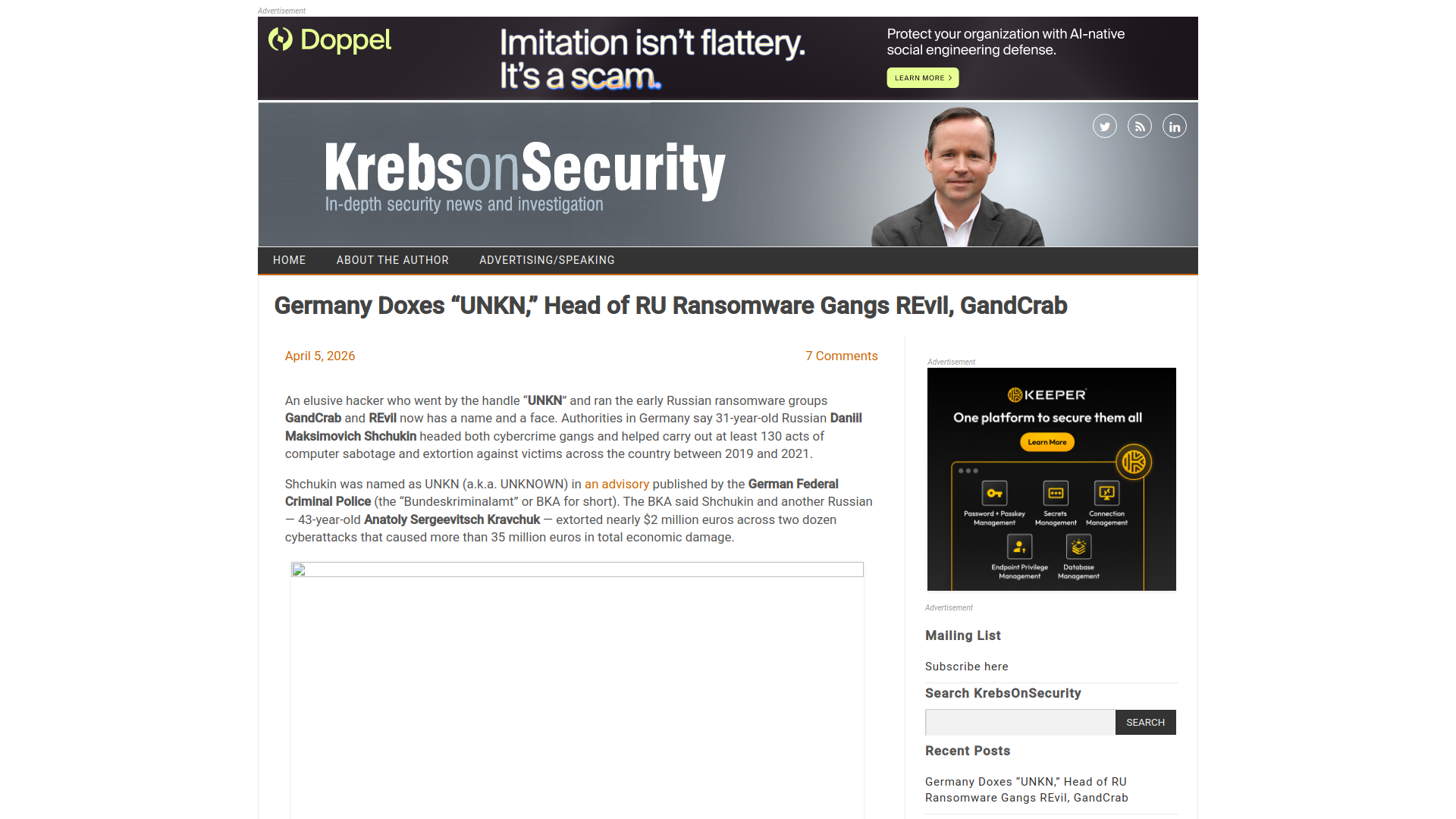 Germany Doxes “UNKN,” Head of RU Ransomware Gangs REvil, GandCrab – Krebs on Security