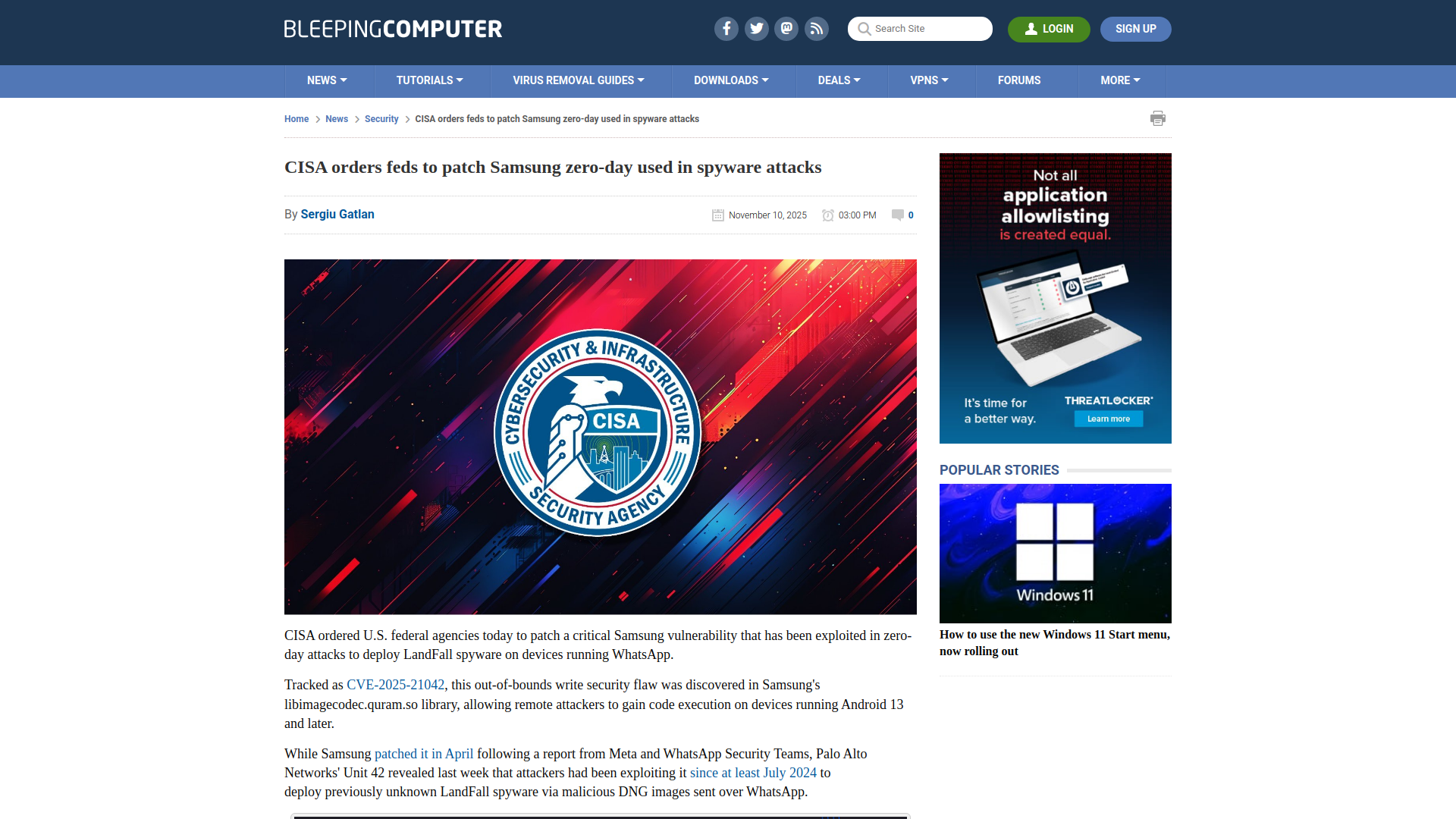 CISA orders feds to patch Samsung zero-day used in spyware attacks