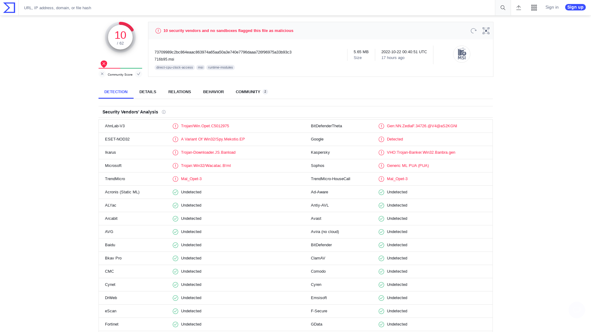 VirusTotal - File - 73709989c2bc864eaac863974a65aa50a3e740e7796daaa726f96975a33b93c3