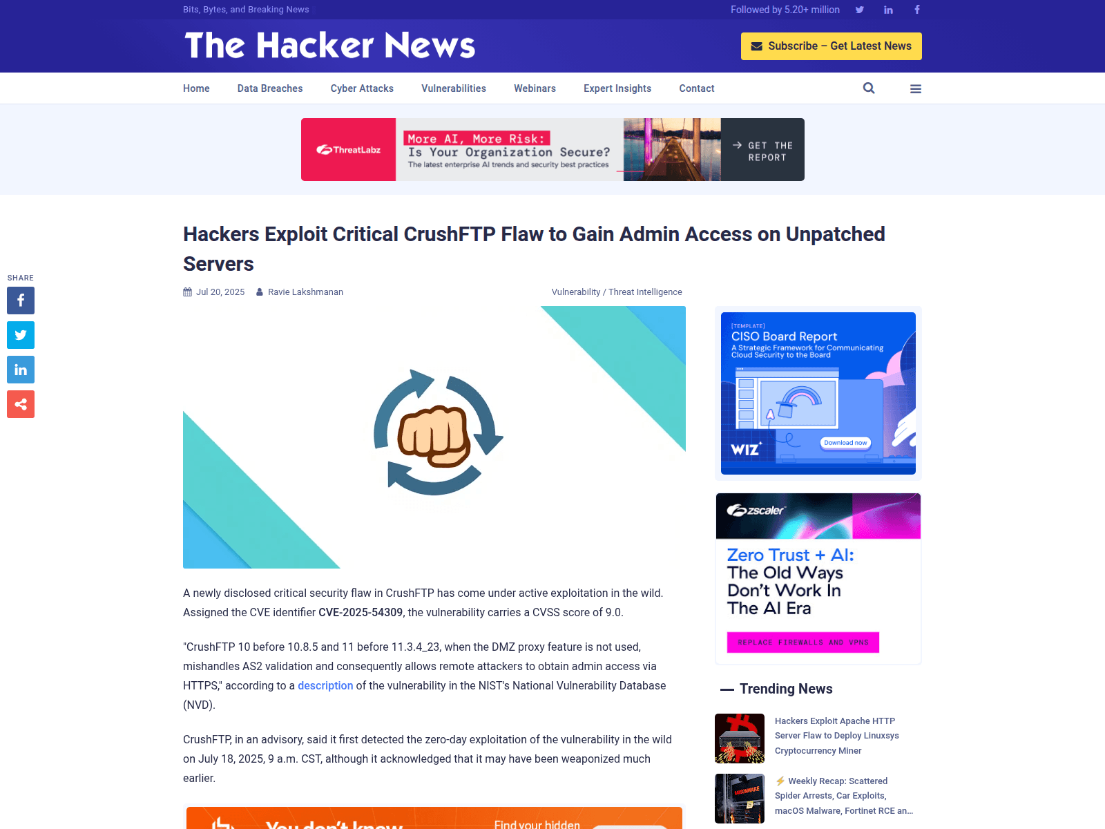 Hackers Exploit Critical CrushFTP Flaw to Gain Admin Access on Unpatched Servers