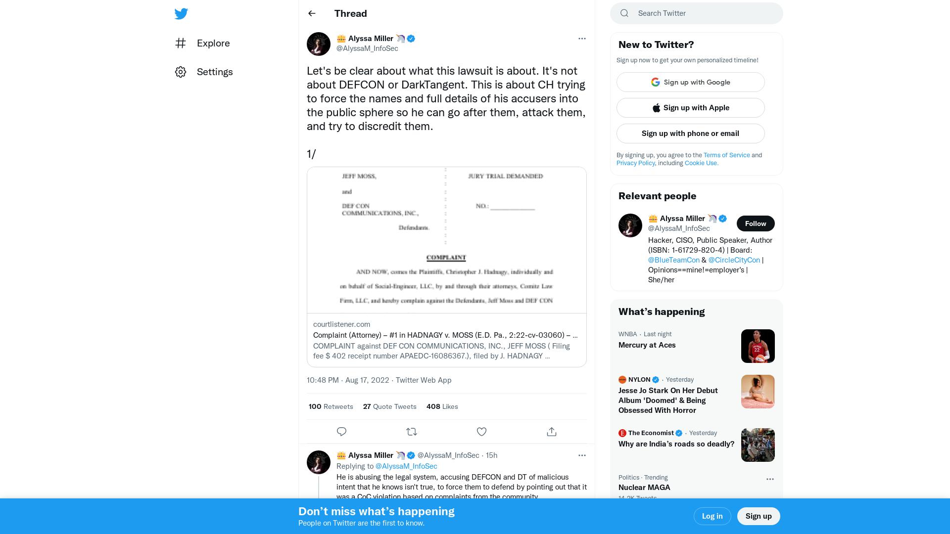👑 Alyssa Miller 🦄 on Twitter: "Let's be clear about what this lawsuit is about. It's not about DEFCON or DarkTangent. This is about CH trying to force the names and full details of his accusers into the public sphere so he can go after them, attack them, and try to discredit them. 1/ https://t.co/dwozr5Nw6A" / Twitter