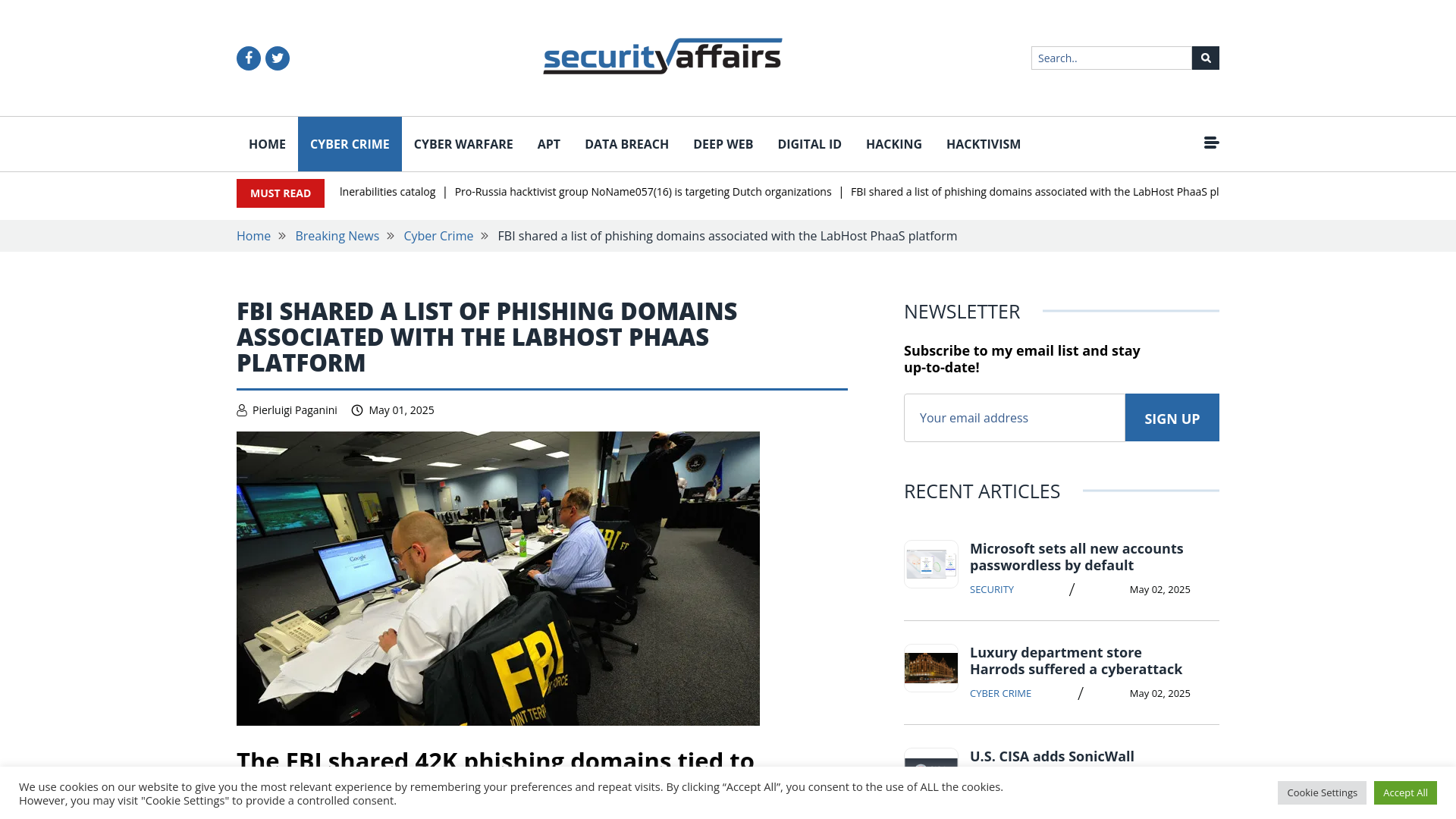 FBI shared a list of phishing domains associated with the LabHost PhaaS platform