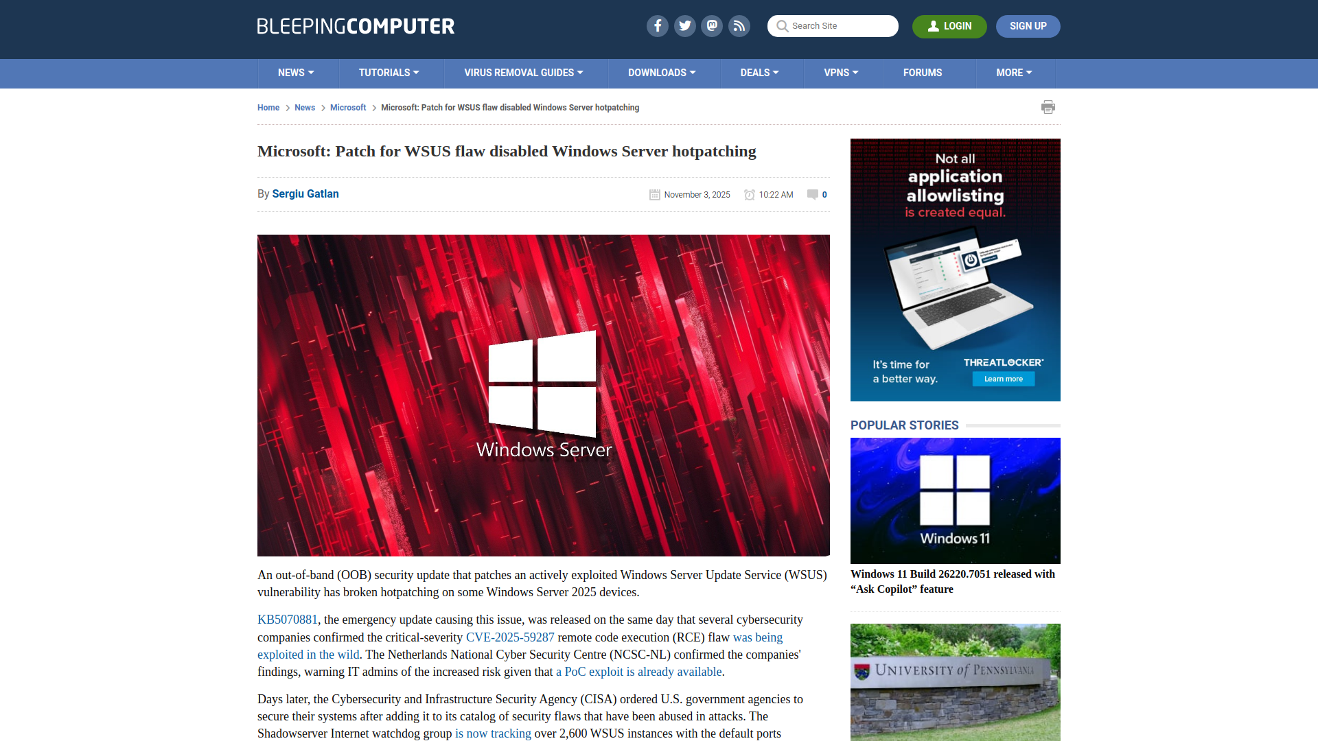 Microsoft: Patch for WSUS flaw disabled Windows Server hotpatching