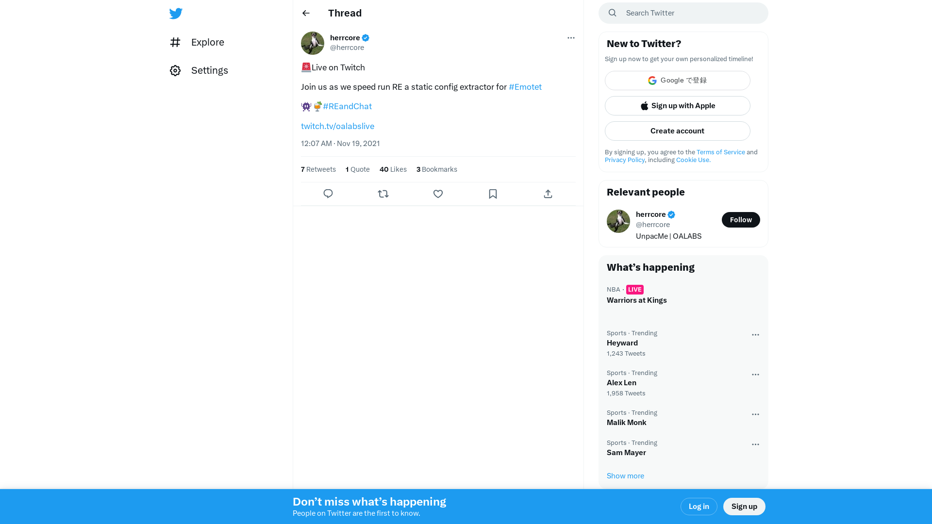 herrcore on Twitter: "🚨Live on Twitch Join us as we speed run RE a static config extractor for #Emotet 👾🍹#REandChat https://t.co/qmFXpiGGcX" / Twitter