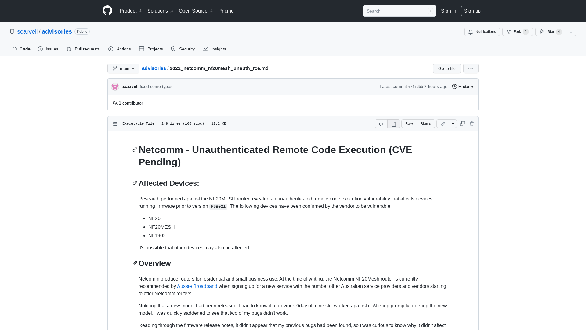 advisories/2022_netcomm_nf20mesh_unauth_rce.md at main · scarvell/advisories · GitHub