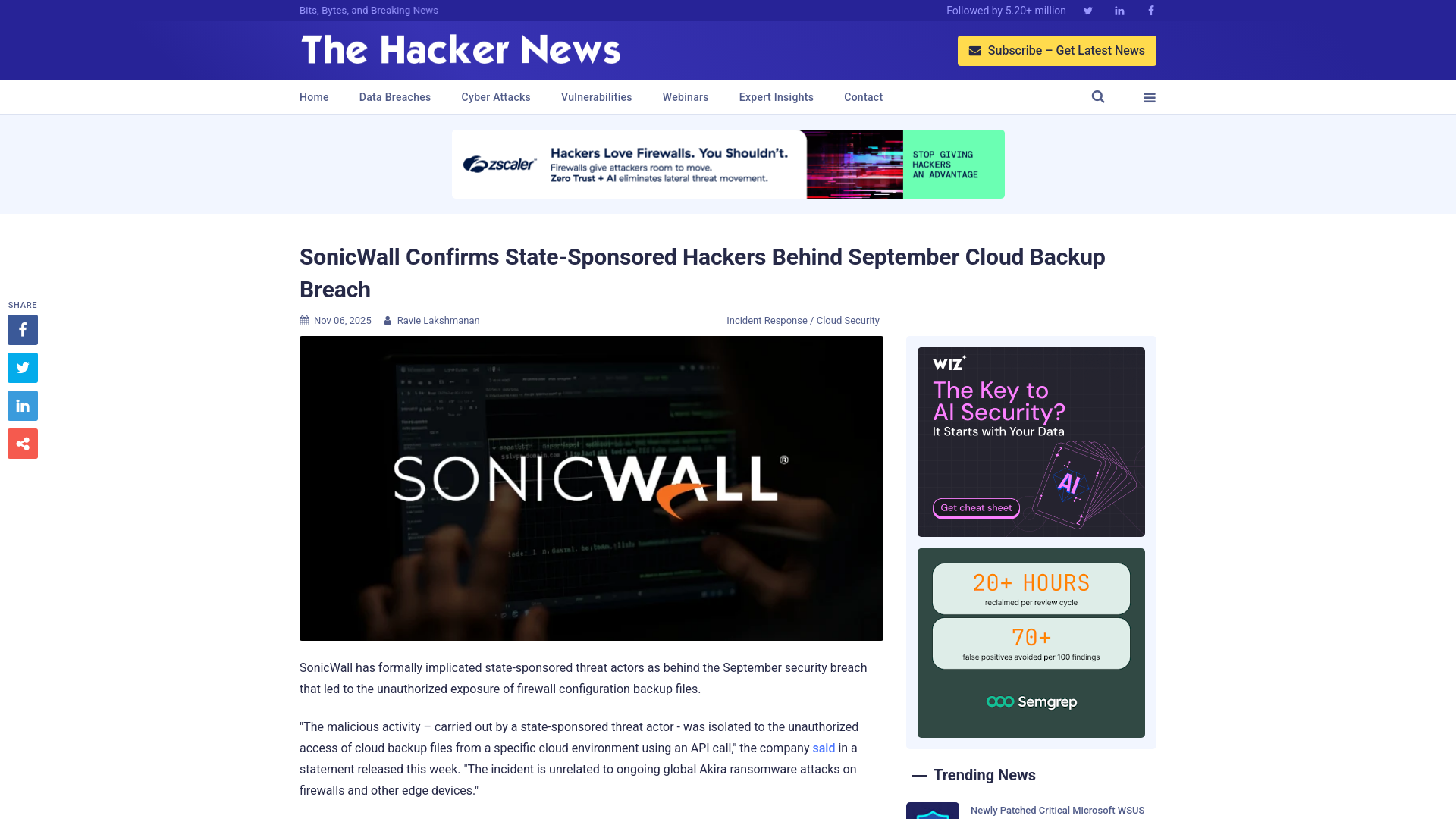 SonicWall Confirms State-Sponsored Hackers Behind September Cloud Backup Breach