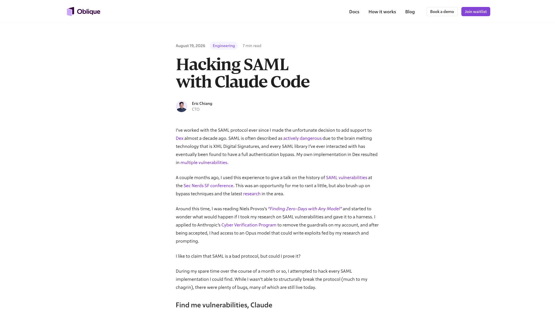 Hacking SAML with Claude Code | Oblique