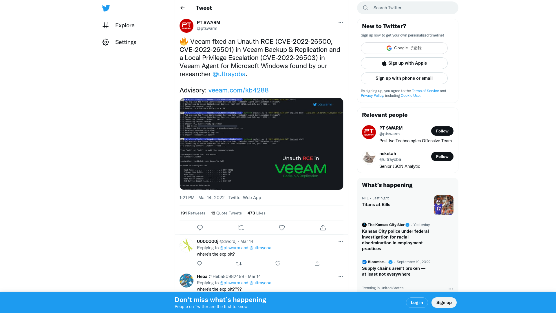 PT SWARM on Twitter: "🔥 Veeam fixed an Unauth RCE (CVE-2022-26500, CVE-2022-26501) in Veeam Backup &amp; Replication and a Local Privilege Escalation (CVE-2022-26503) in Veeam Agent for Microsoft Windows found by our researcher @ultrayoba. Advisory: https://t.co/tRYsKBn3HD https://t.co/0zMluR7Zki" / Twitter