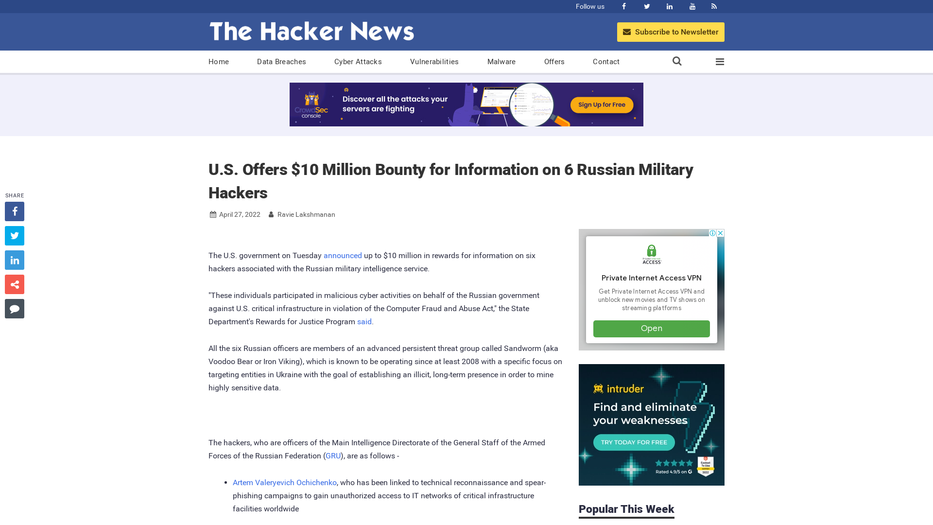 U.S. Offers $10 Million Bounty for Information on 6 Russian Military Hackers