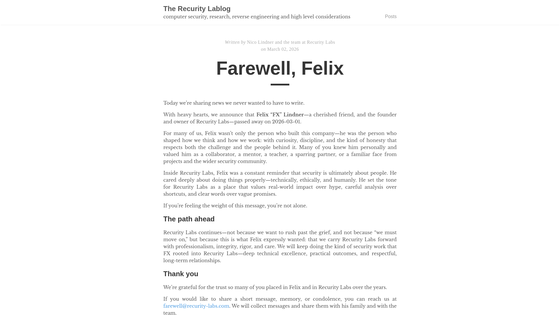 Farewell, Felix · The Recurity Lablog