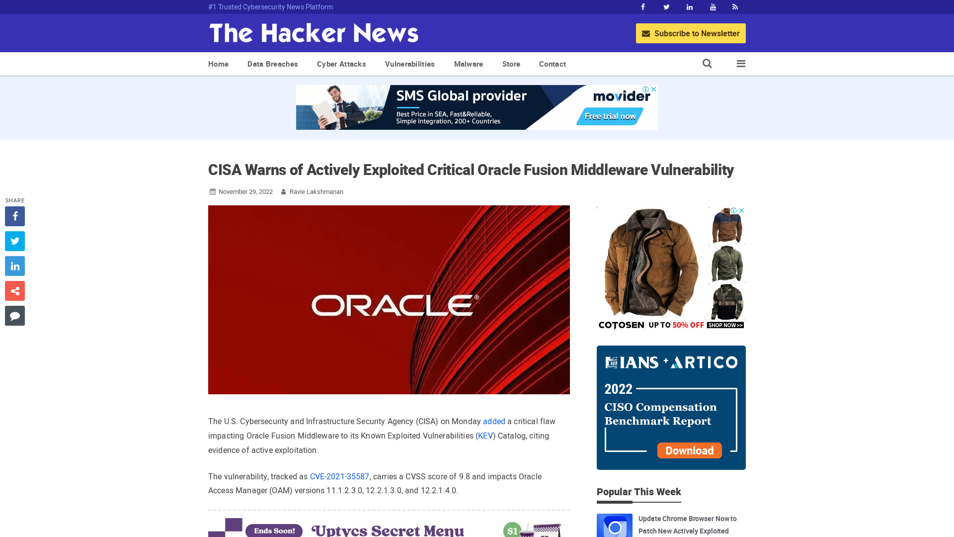 CISA Warns of Actively Exploited Critical Oracle Fusion Middleware Vulnerability