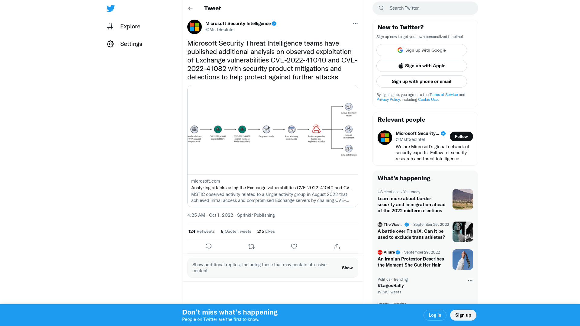 Microsoft Security Intelligence on Twitter: "Microsoft Security Threat Intelligence teams have published additional analysis on observed exploitation of Exchange vulnerabilities CVE-2022-41040 and CVE-2022-41082 with security product mitigations and detections to help protect against further attacks https://t.co/5jcROyyBEz" / Twitter