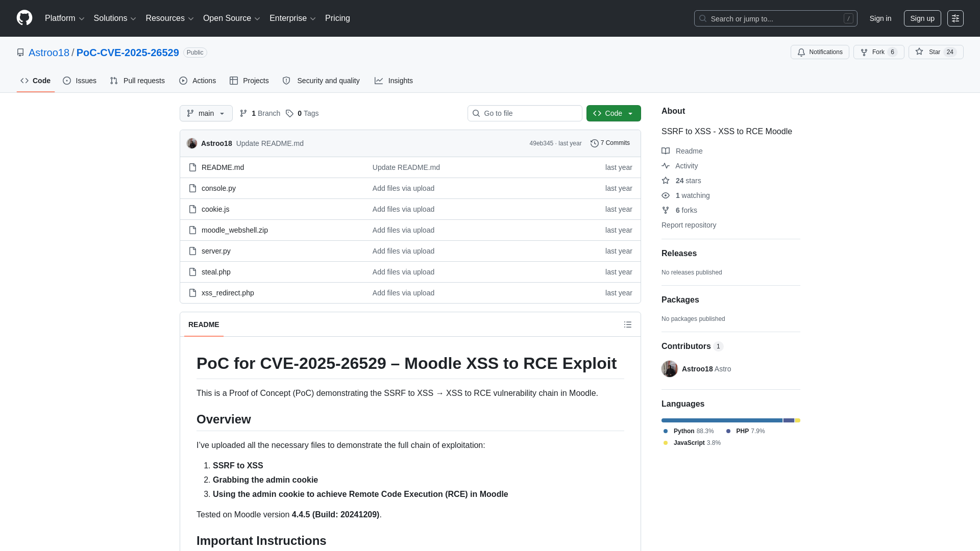 GitHub - Astroo18/PoC-CVE-2025-26529: SSRF to XSS - XSS to RCE Moodle · GitHub