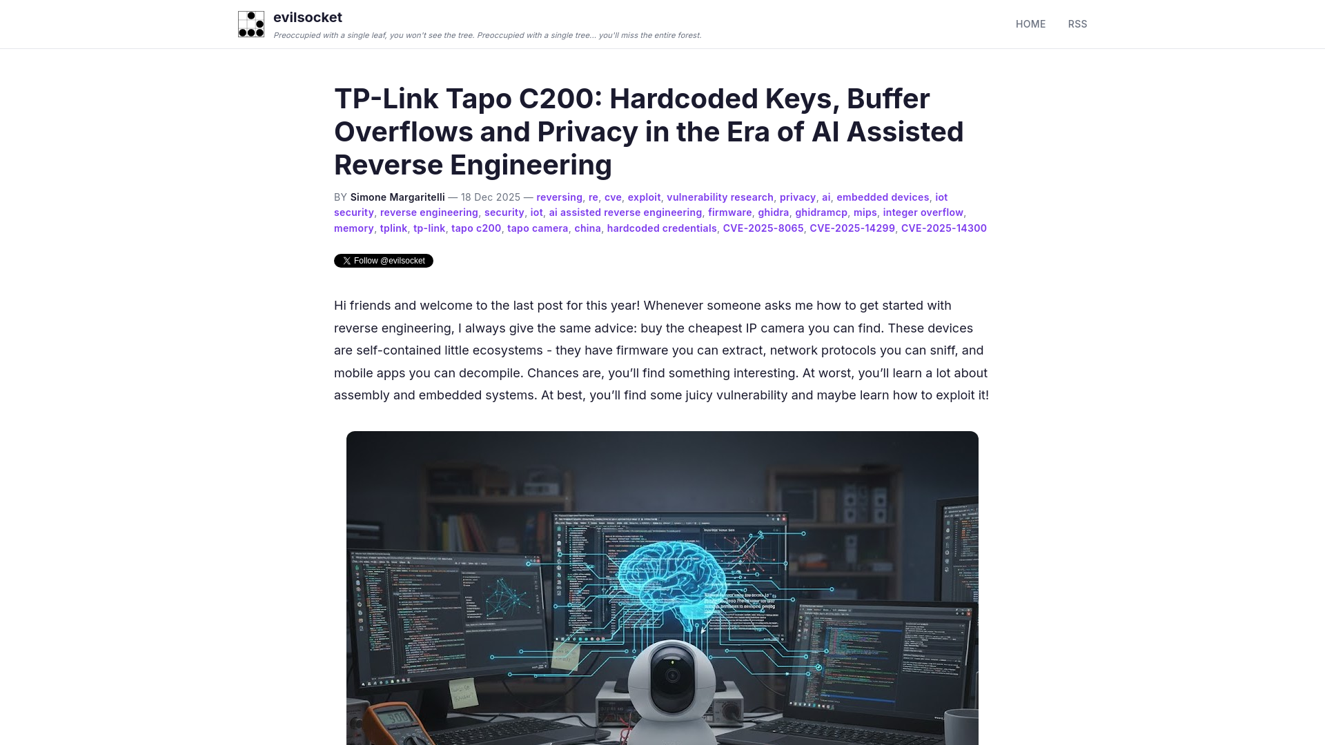 TP-Link Tapo C200: Hardcoded Keys, Buffer Overflows and Privacy in the Era of AI Assisted Reverse Engineering | evilsocket