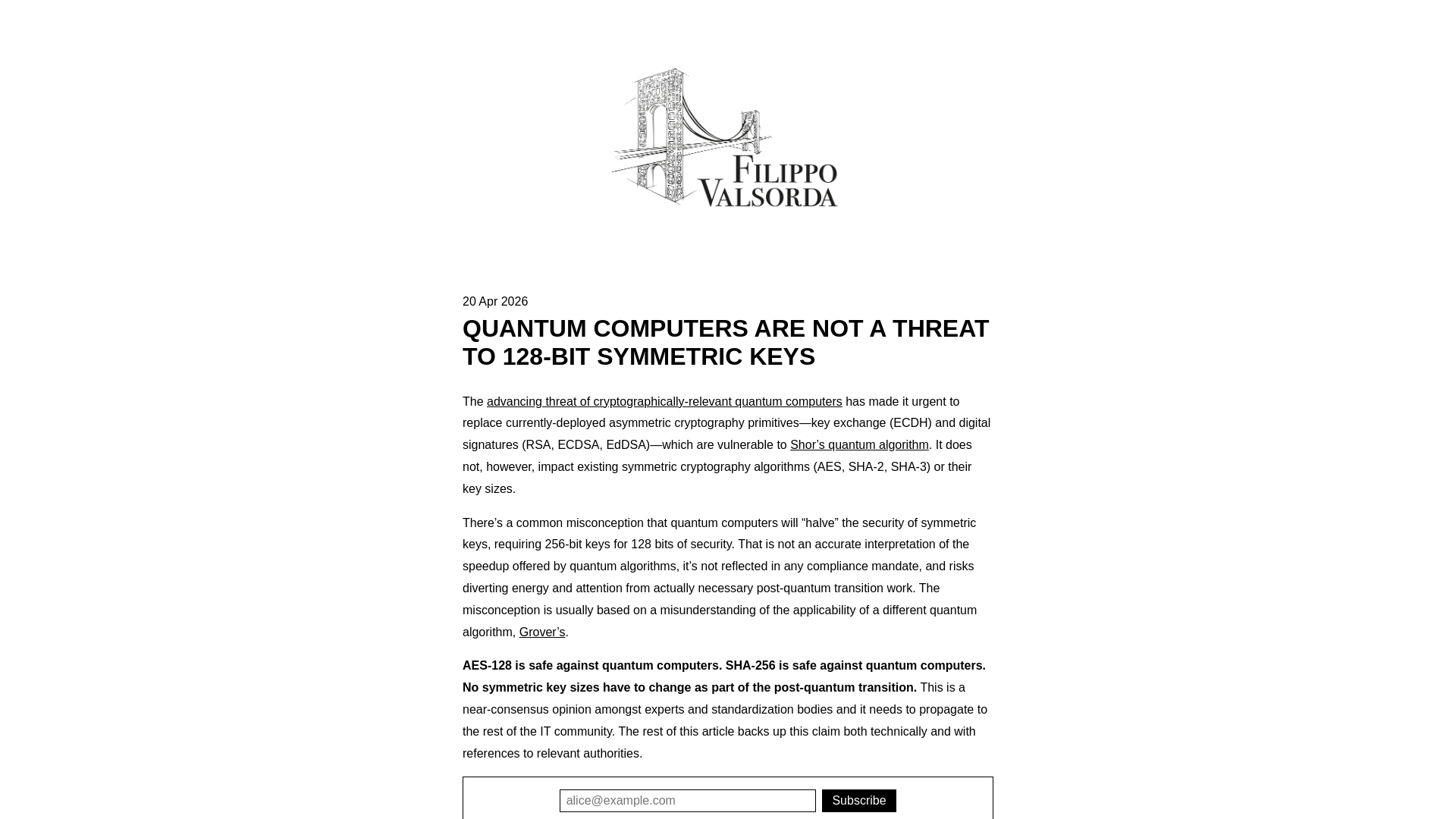 Quantum Computers Are Not a Threat to 128-bit Symmetric Keys