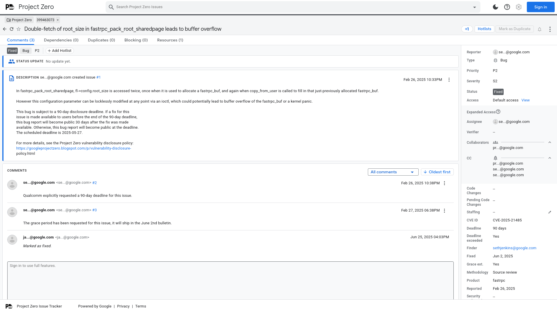 Double-fetch of root_size in fastrpc_pack_root_sharedpage leads to buffer overflow [399463073] - Project Zero