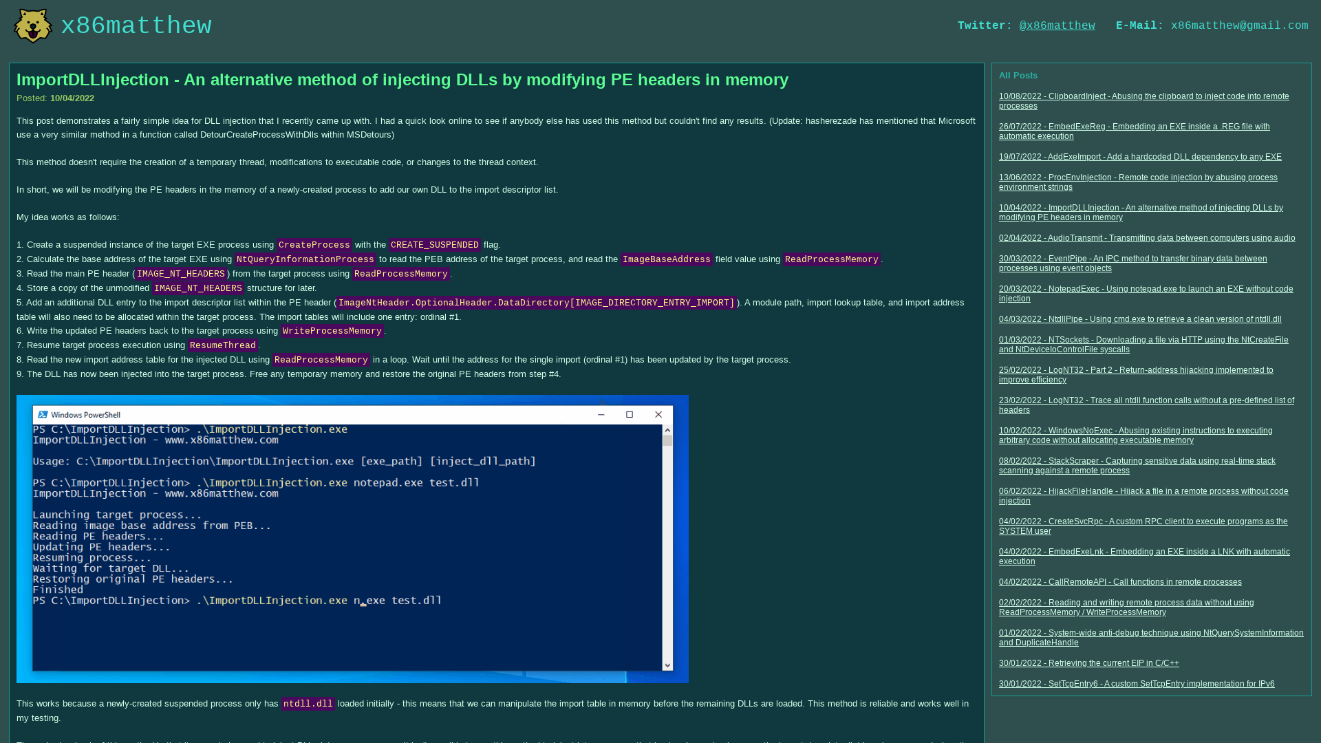 x86matthew - ImportDLLInjection - An alternative method of injecting DLLs by modifying PE headers in memory