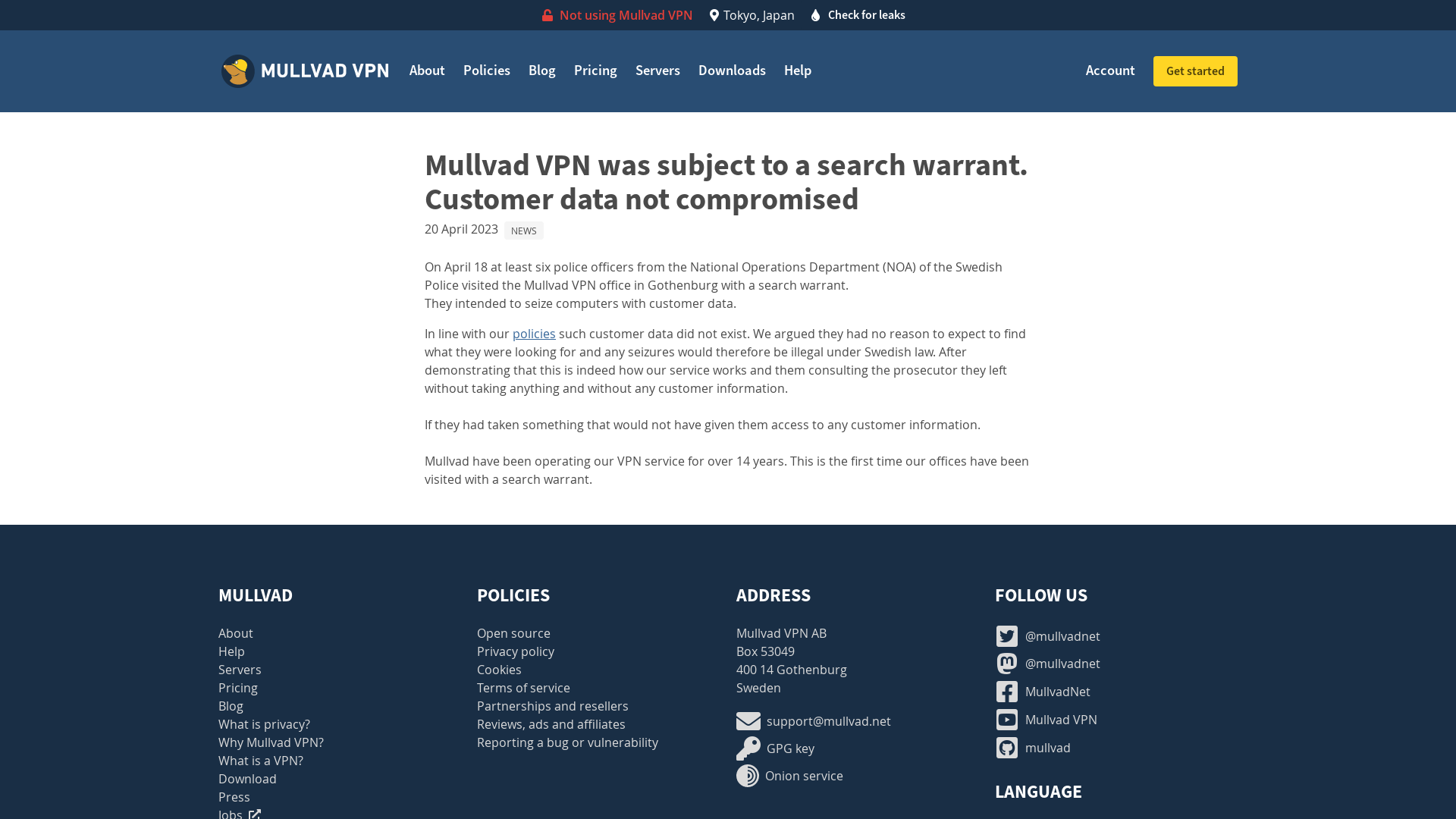 Mullvad VPN was subject to a search warrant. Customer data not compromised - Blog | Mullvad VPN