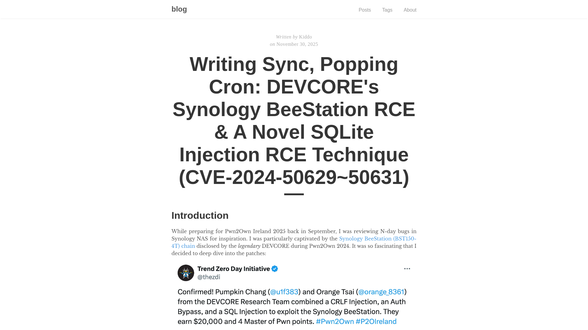 Writing Sync, Popping Cron: DEVCORE’s Synology BeeStation RCE & A Novel SQLite Injection RCE Technique (CVE-2024-50629~50631) | blog