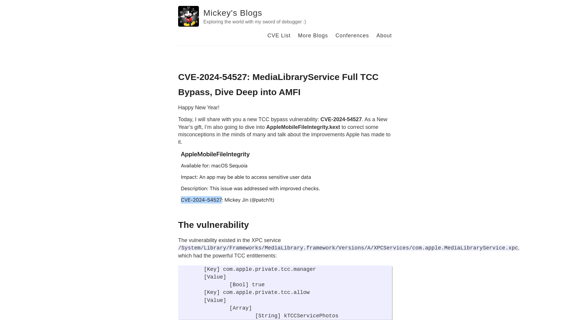 CVE-2024-54527: MediaLibraryService Full TCC Bypass, Dive Deep into AMFI – Mickey's Blogs – Exploring the world with my sword of debugger :)