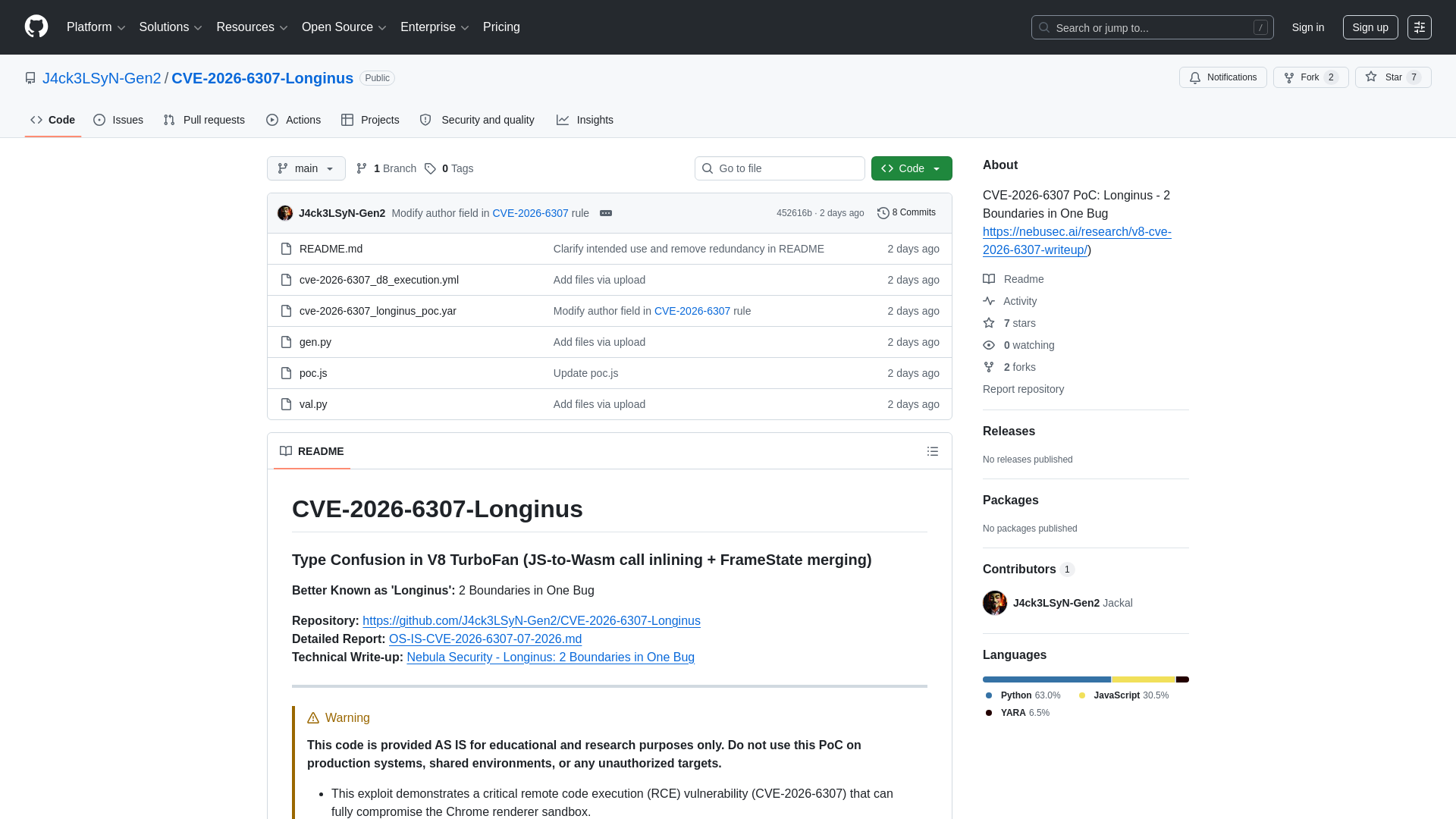 GitHub - J4ck3LSyN-Gen2/CVE-2026-6307-Longinus: CVE-2026-6307 PoC: Longinus - 2 Boundaries in One Bug https://nebusec.ai/research/v8-cve-2026-6307-writeup/) · GitHub