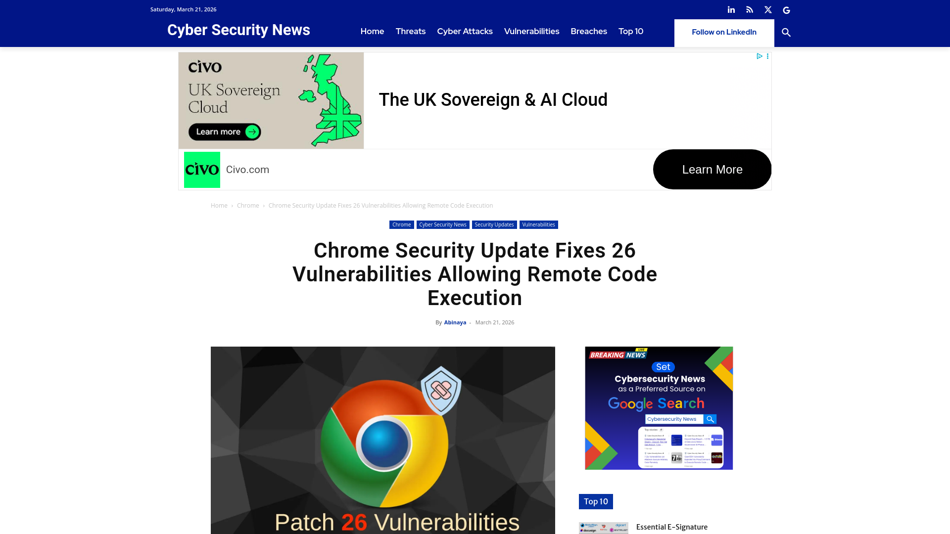 Chrome Security Update Patches 26 Vulnerabilities that Enable Attackers to Execute Malicious Code Remotely
