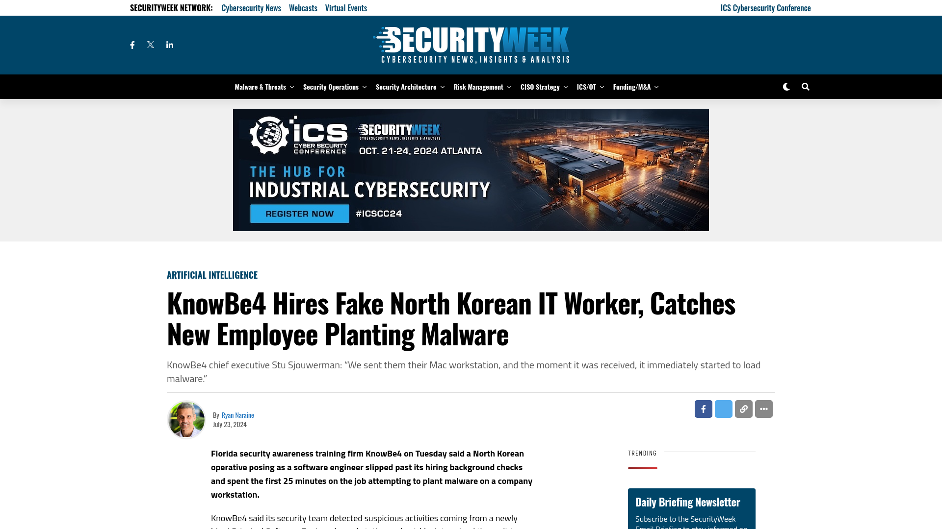 KnowBe4 Hires Fake North Korean IT Worker, Catches New Employee Planting Malware  - SecurityWeek