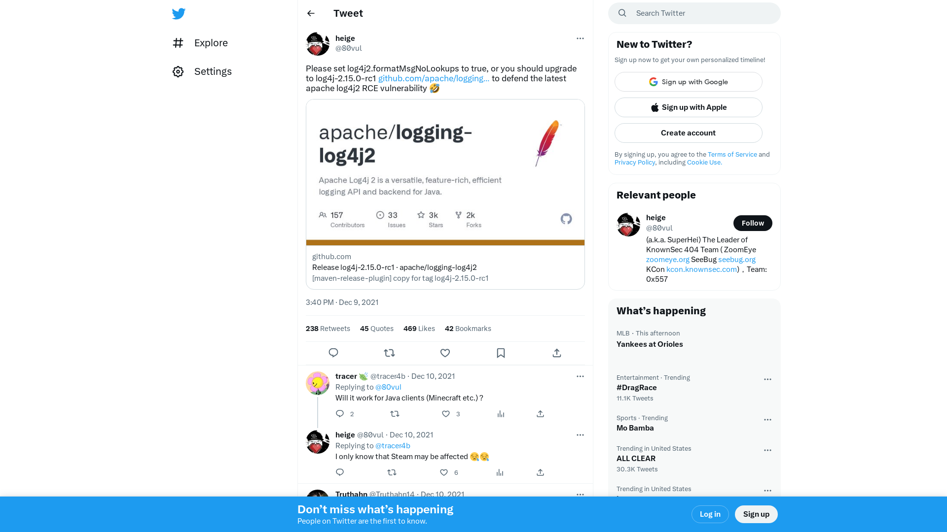 heige on Twitter: "Please set log4j2.formatMsgNoLookups to true, or you should upgrade to log4j-2.15.0-rc1 https://t.co/rWNshVfUX0 to defend the latest apache log4j2 RCE vulnerability 🤣" / Twitter