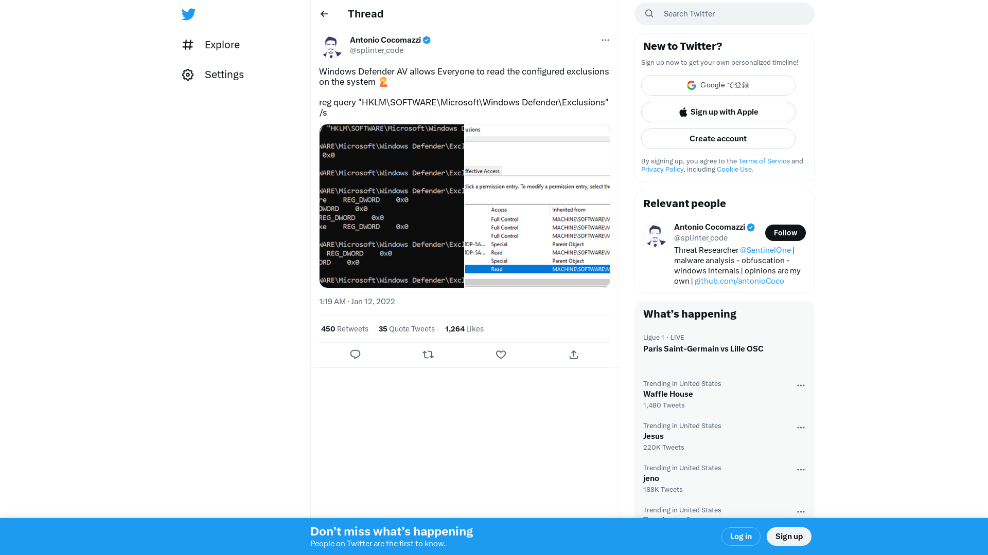 Antonio Cocomazzi on Twitter: "Windows Defender AV allows Everyone to read the configured exclusions on the system 🤦 reg query "HKLM\SOFTWARE\Microsoft\Windows Defender\Exclusions" /s https://t.co/dpTFwMVRje" / Twitter