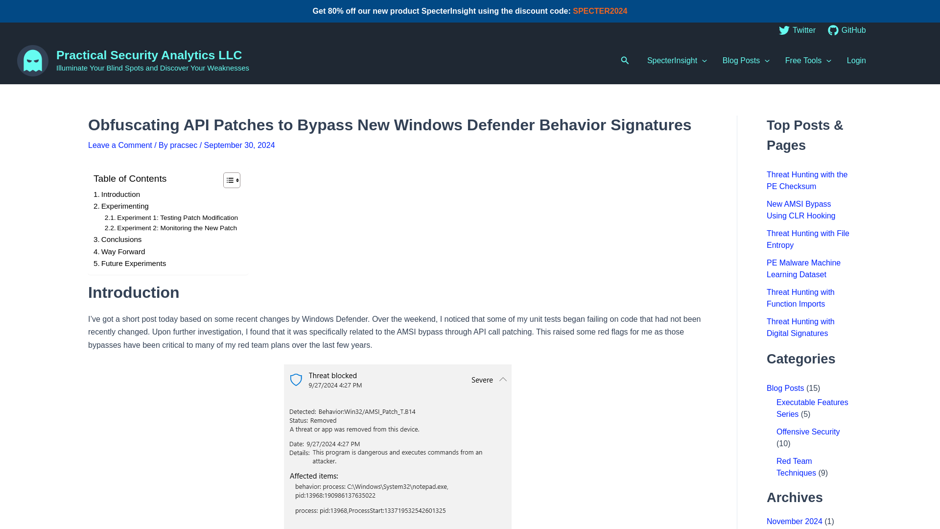 Obfuscating API Patches to Bypass New Windows Defender Behavior Signatures – Practical Security Analytics LLC