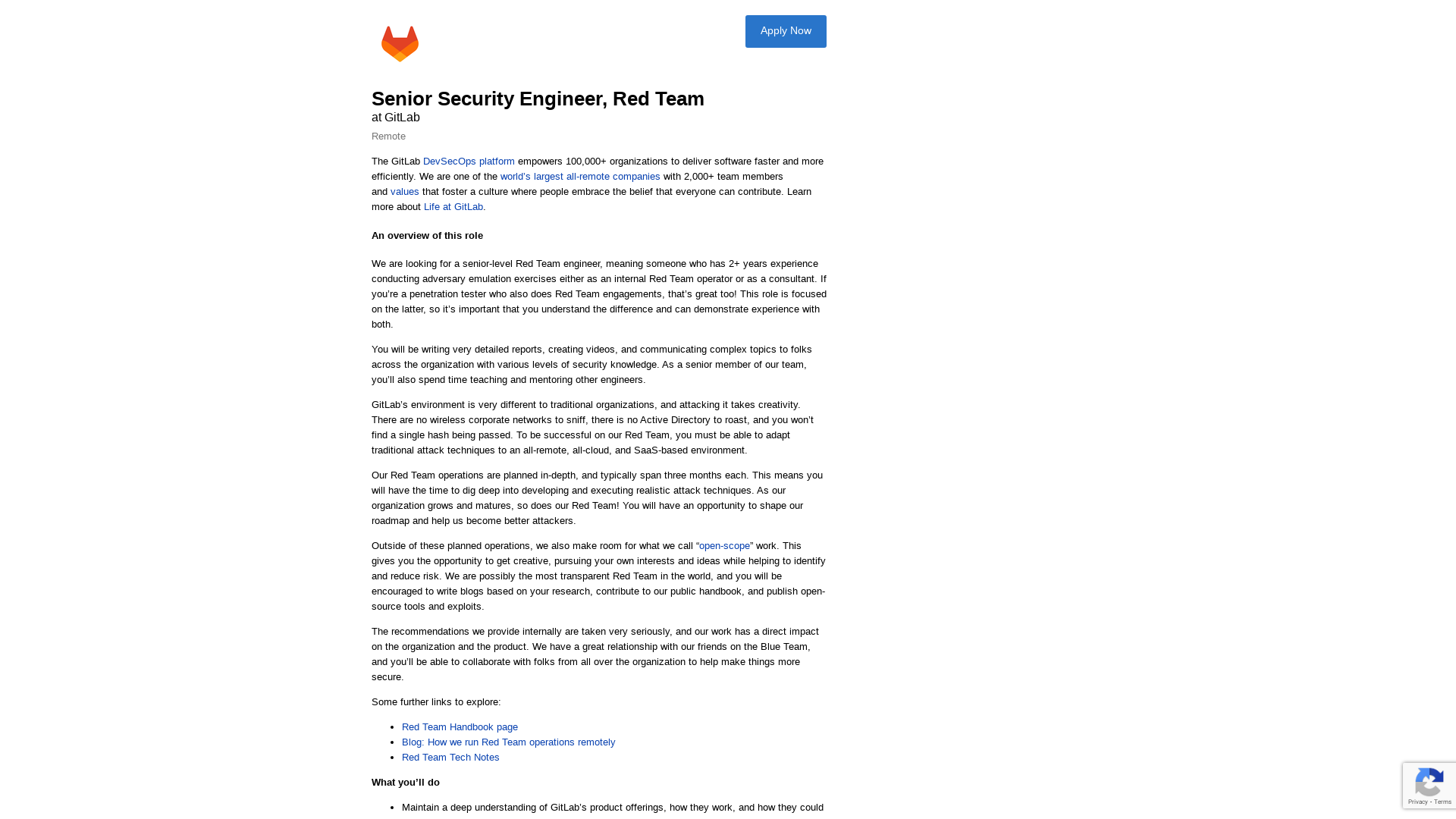 Job Application for Senior Security Engineer, Red Team at GitLab