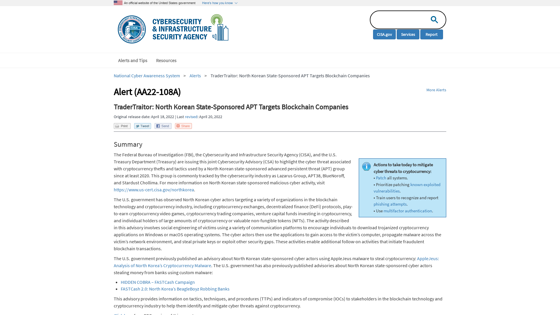 TraderTraitor: North Korean State-Sponsored APT Targets Blockchain Companies | CISA