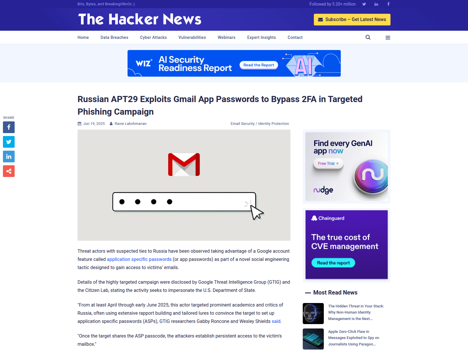 Russian APT29 Exploits Gmail App Passwords to Bypass 2FA in Targeted Phishing Campaign