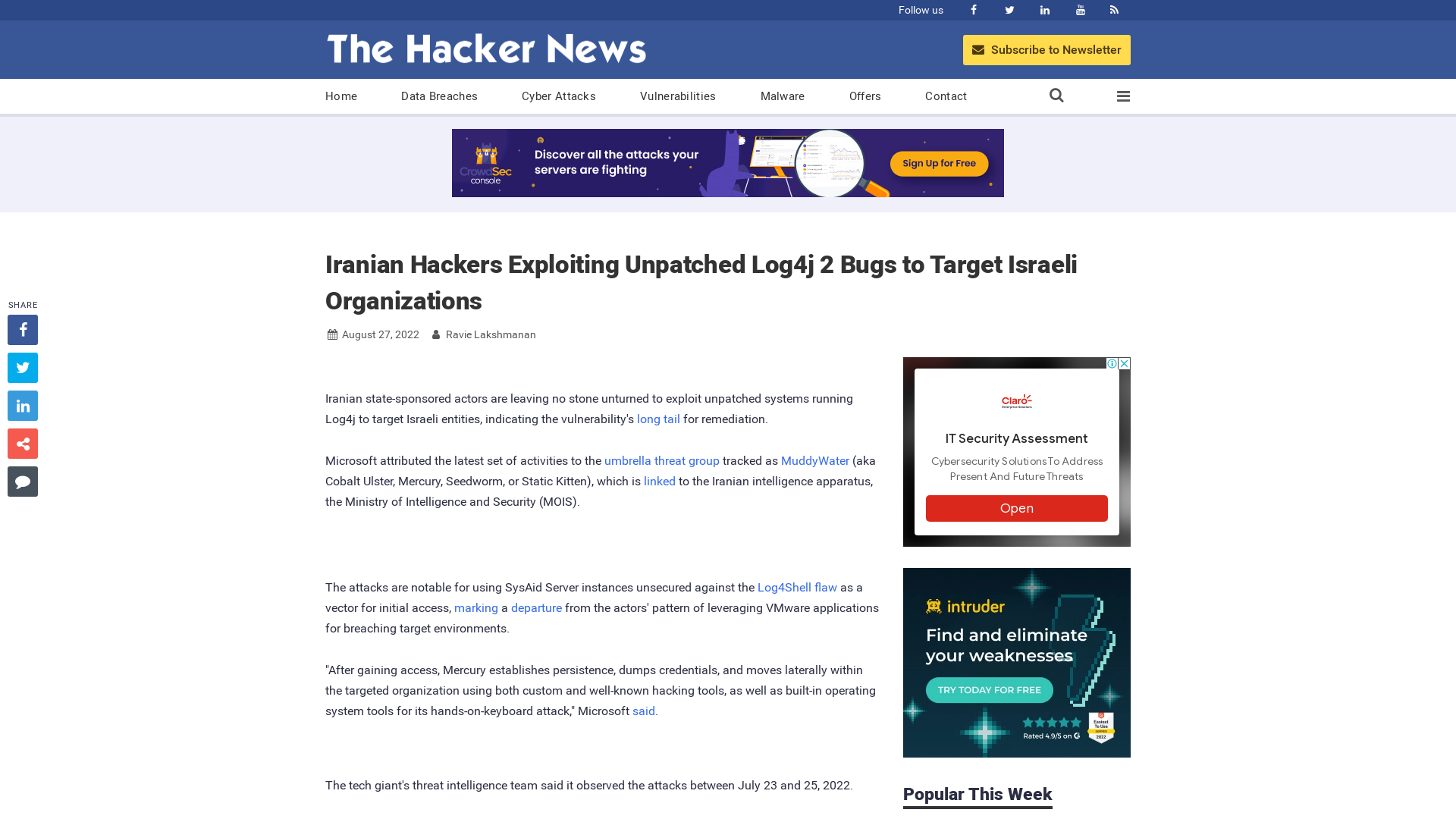 Iranian Hackers Exploiting Unpatched Log4j 2 Bugs to Target Israeli Organizations