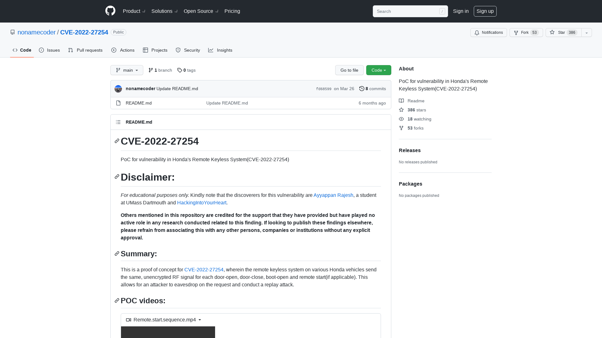 GitHub - nonamecoder/CVE-2022-27254: PoC for vulnerability in Honda's Remote Keyless System(CVE-2022-27254)