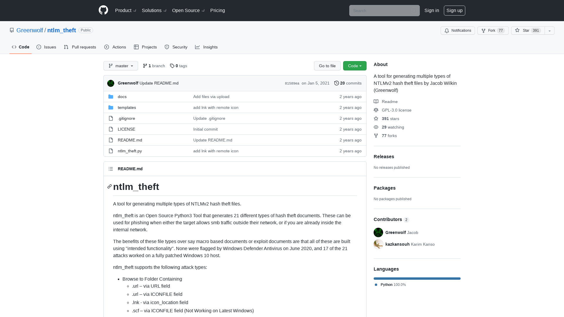 GitHub - Greenwolf/ntlm_theft: A tool for generating multiple types of NTLMv2 hash theft files by Jacob Wilkin (Greenwolf)