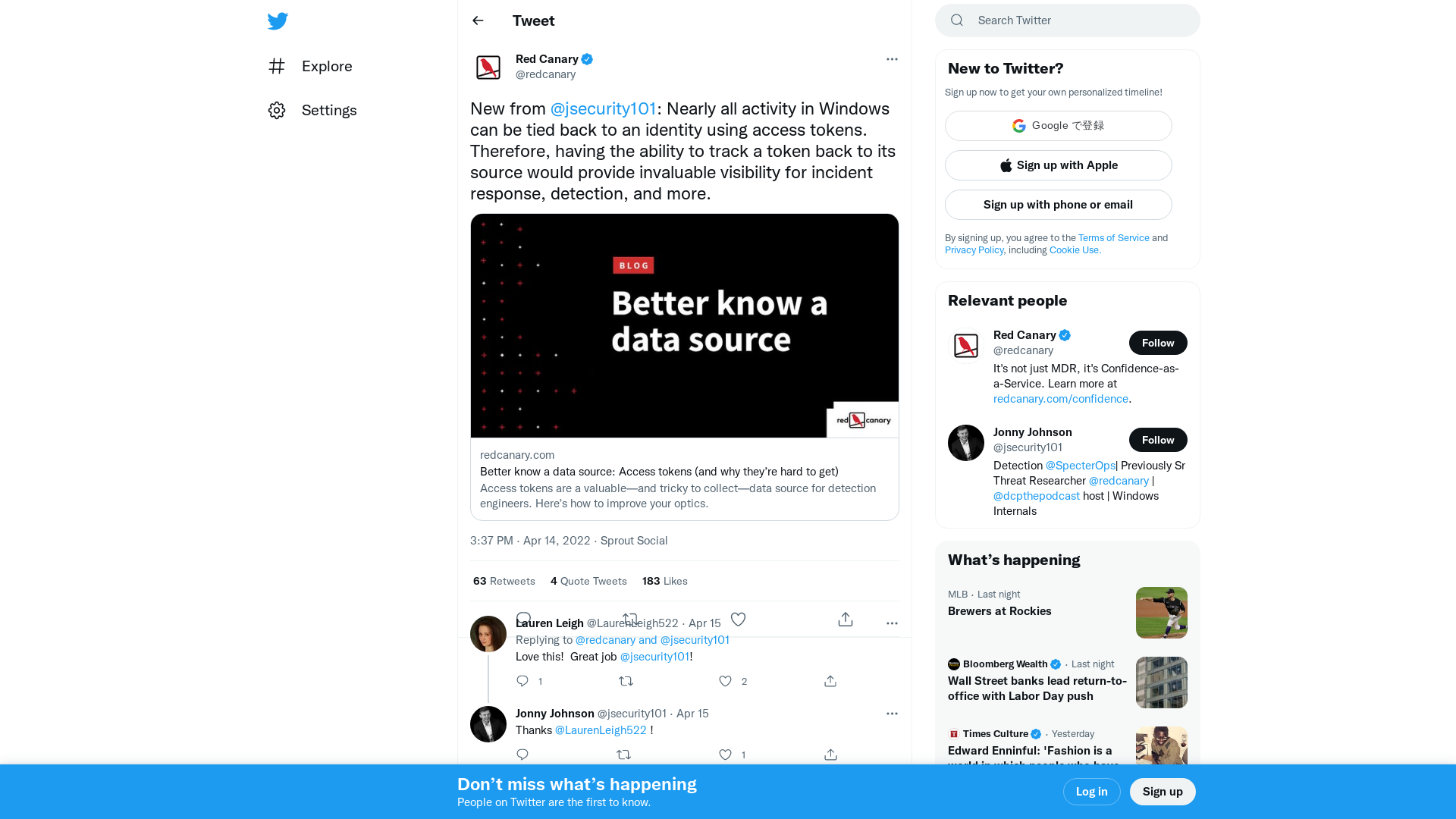 Red Canary on Twitter: "New from @jsecurity101: Nearly all activity in Windows can be tied back to an identity using access tokens. Therefore, having the ability to track a token back to its source would provide invaluable visibility for incident response, detection, and more. https://t.co/0Uaq7xtQHq" / Twitter