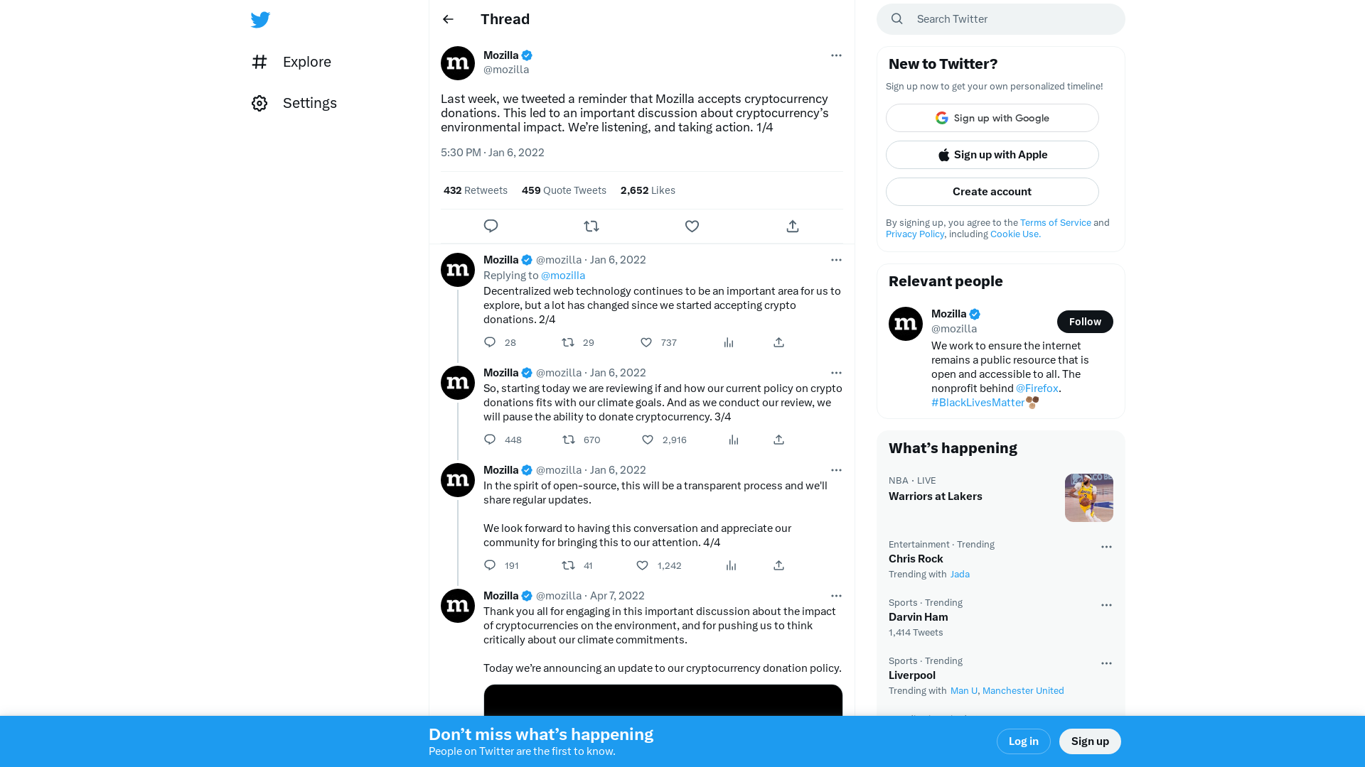 Mozilla on Twitter: "Last week, we tweeted a reminder that Mozilla accepts cryptocurrency donations. This led to an important discussion about cryptocurrency’s environmental impact. We’re listening, and taking action. 1/4" / Twitter