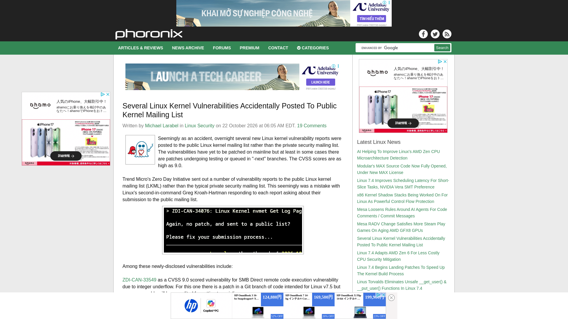 Several Linux Kernel Vulnerabilities Accidentally Posted To Public Kernel Mailing List - Phoronix
